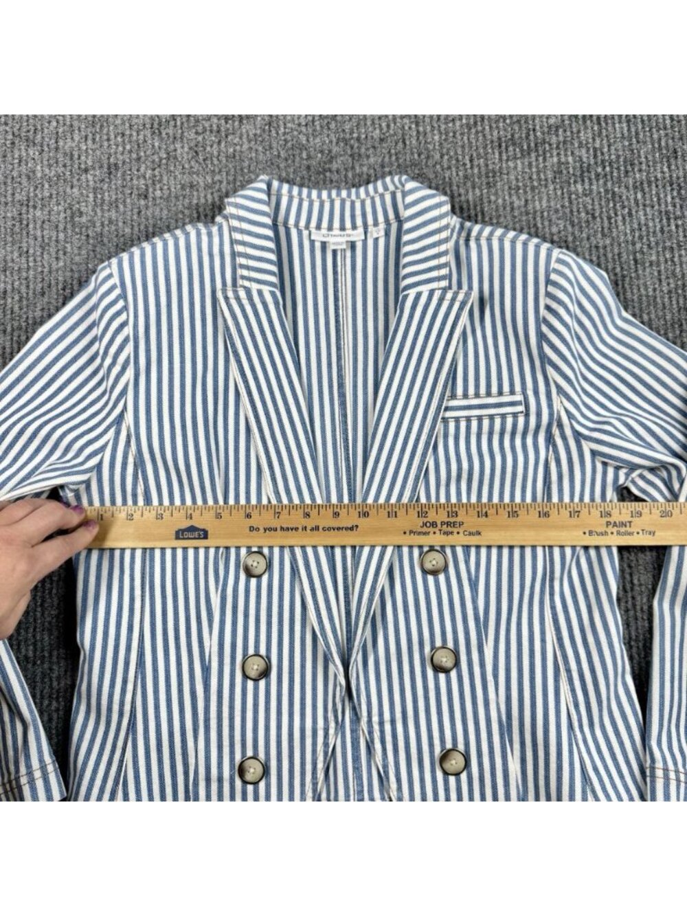 Chicos Open Front Denim Jacket Womens 1/Medium Blue White Striped Classic Fit - Picture 11 of 13